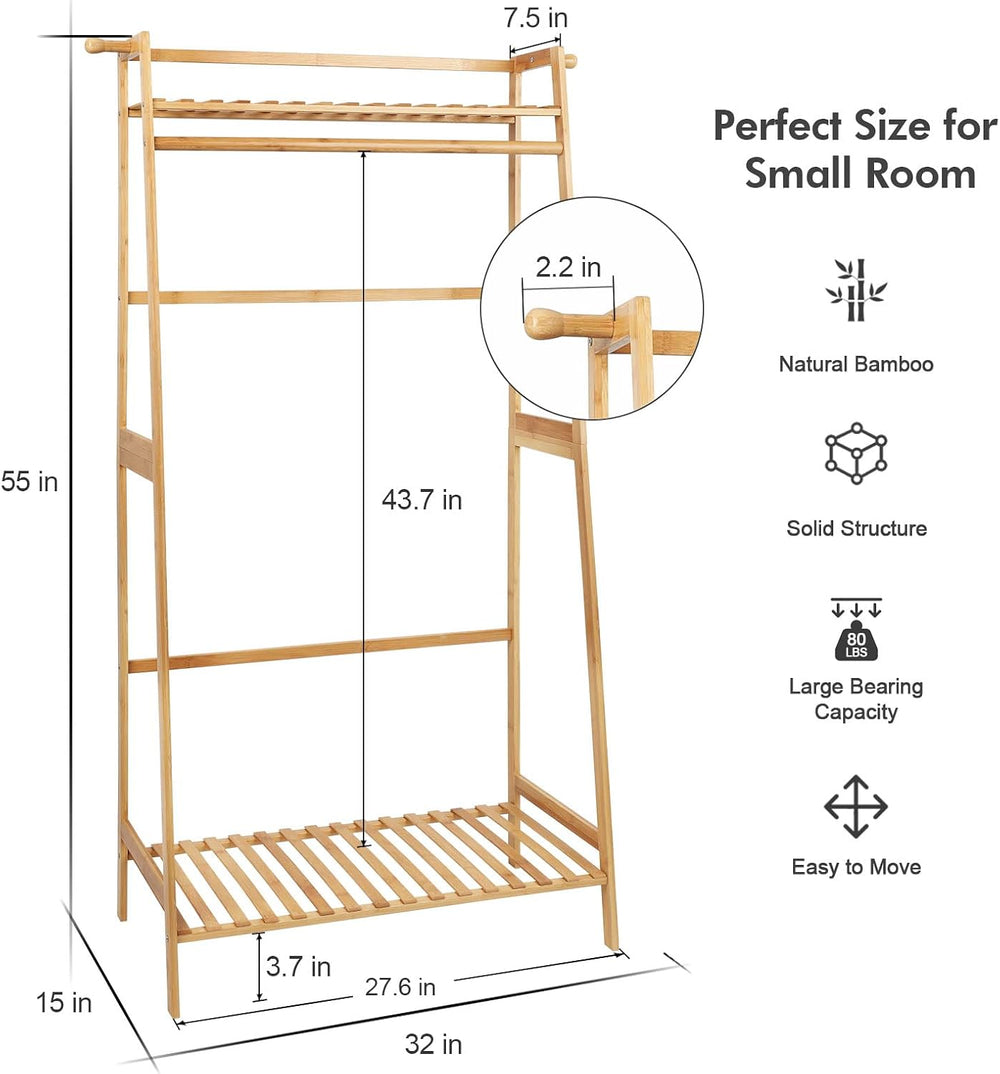 Ufine Bamboo Clothes Hanging Rack with 2 Tier Storage Shelves, 2 Coat Hooks