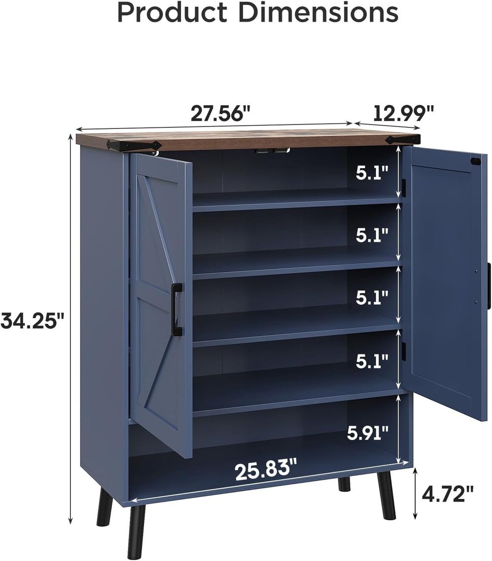 Vabches 34" Tall Farmhouse Shoe Storage Cabinet with Barn Doors, Navy Blue