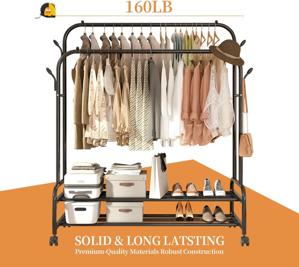 Antiwar Sturdy Metal Double Rodding Clothes Rack With Wheels, Portable Clothi...