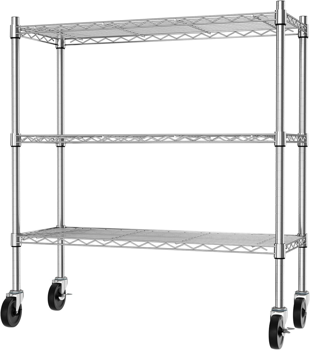 Auslar 3-Tier Storage Shelves with Casters Heavy Duty Metal Shelving Chrome