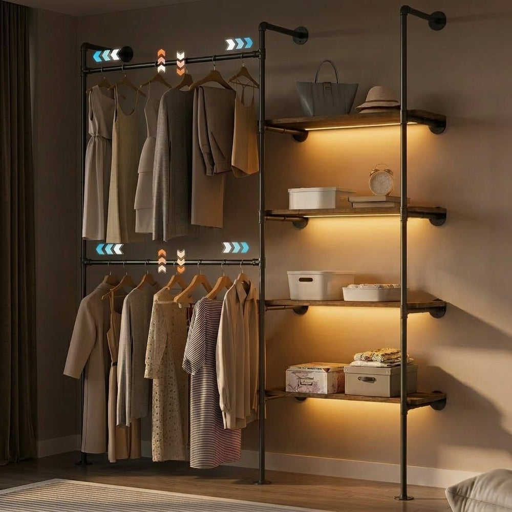 Expandable Industrial Pipe Clothing Rack with LED Lights