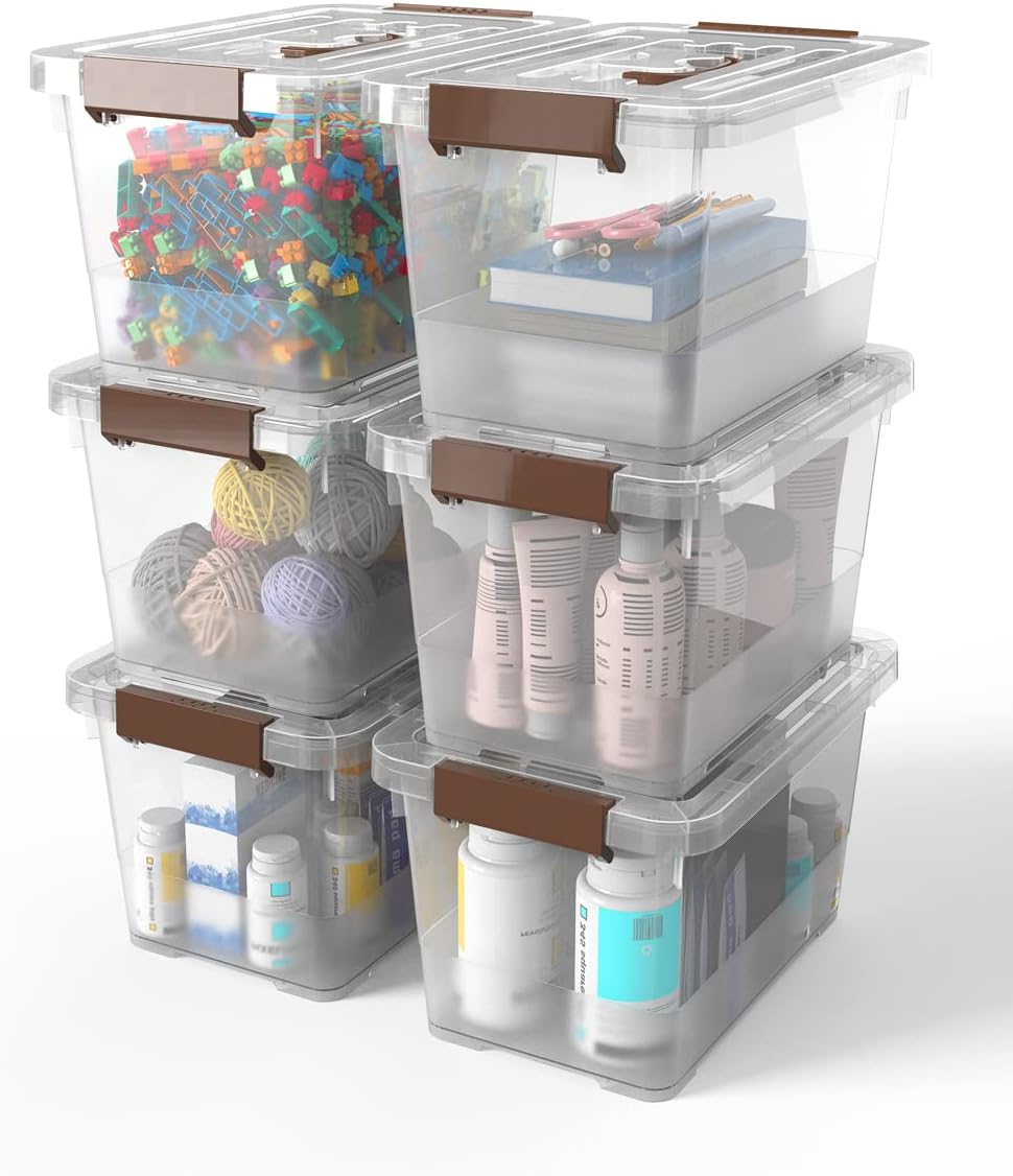 WYT 6-Pack Clear 7 Quart Storage Latch Box/Bins, Plastic Stackable Latching B...