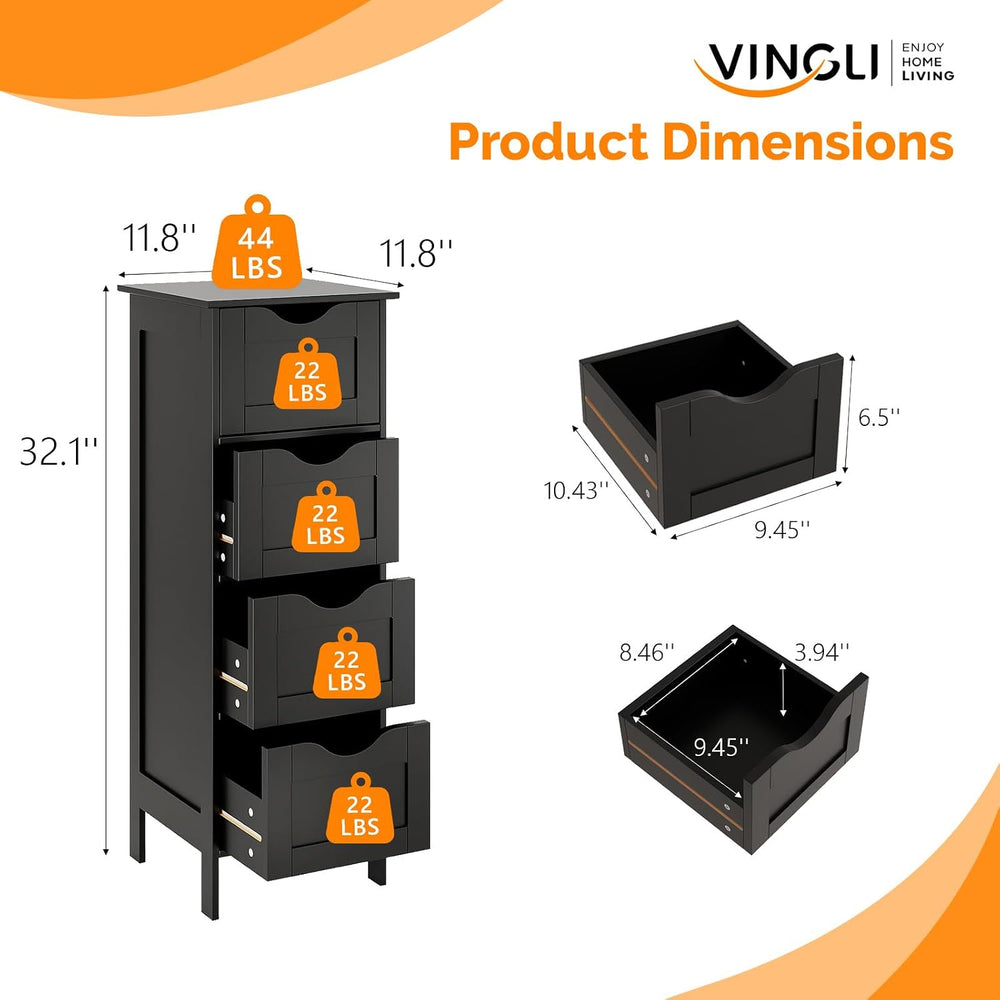 VINGLI Black Bathroom Storage Cabinet with 4 Drawers, Slim Freestanding Floor...
