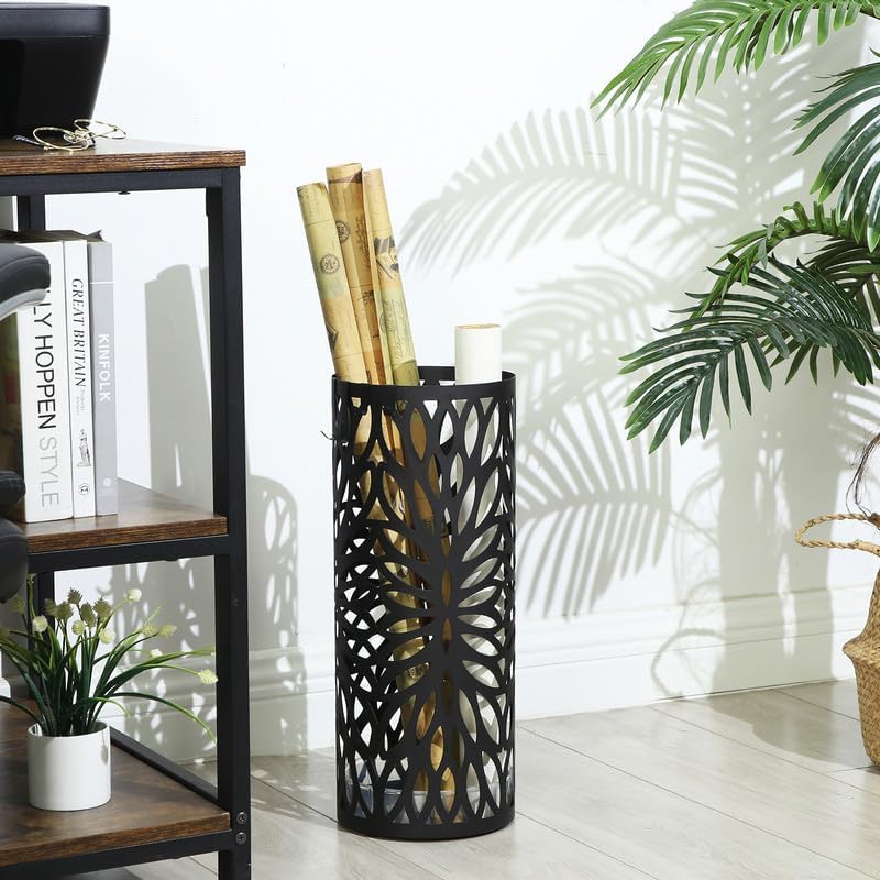 SONGMICS Umbrella Stand, Steel Round, Detachable Drip Tray, 4 Hooks