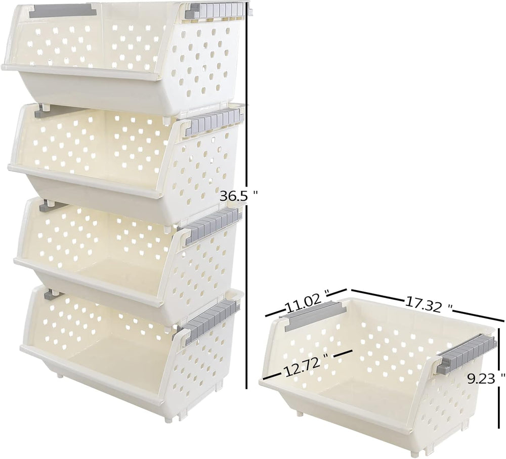 4 Tier Stacking Plastic Basket, Large Stackable Storage Bins Open Front