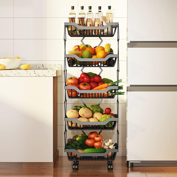 5-Tier Fruit Basket Cart with Wheels, Metal Wire Fruit Vegetable Storage Basket Organizer for Kitchen, No Installation Required and Foldable Utility storage shelf Cart for Pantry,Bathroom (Black)
