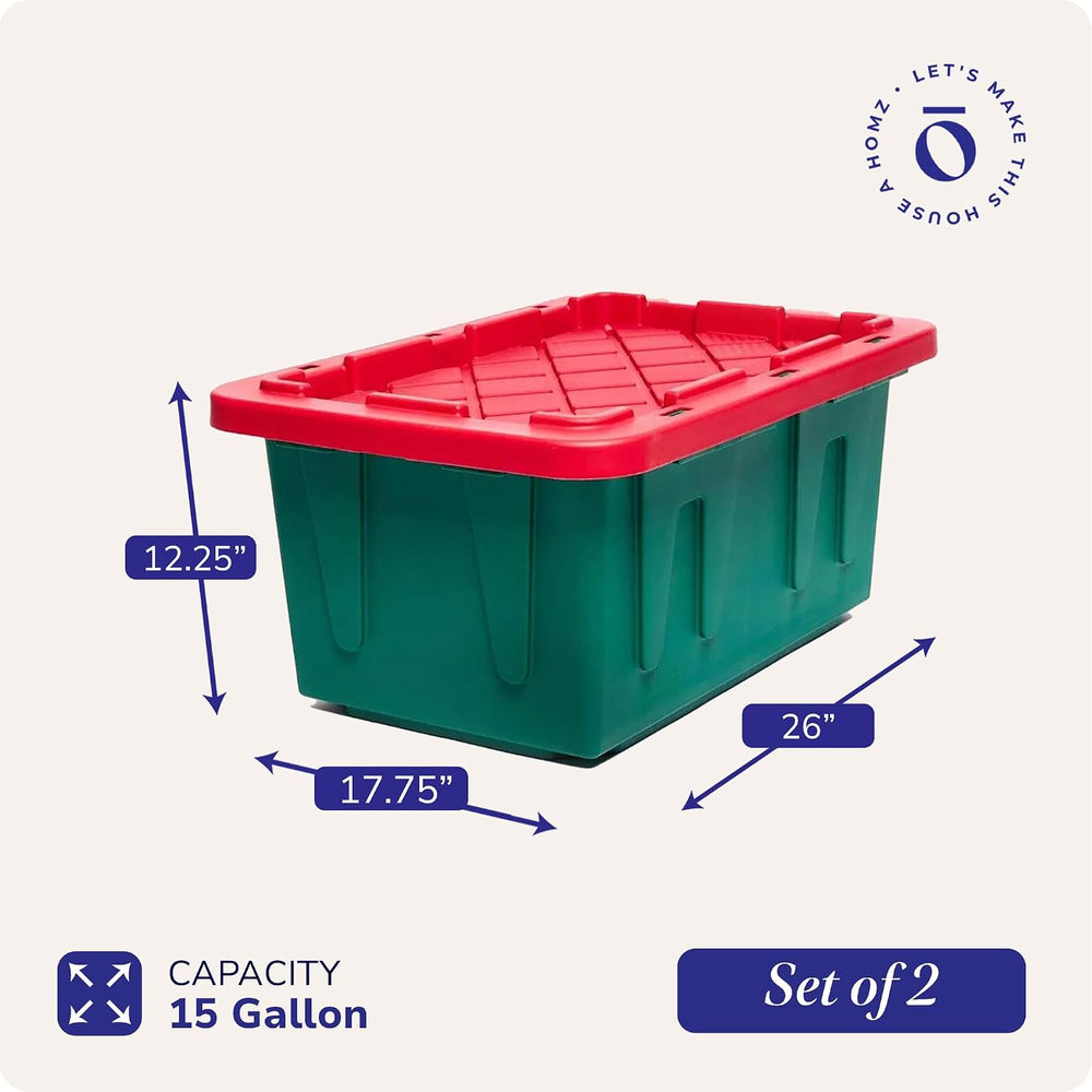 HOMZ Durabilt Plastic Storage Bins with Lids, 15 Gal, Red/Green, 2 Pack