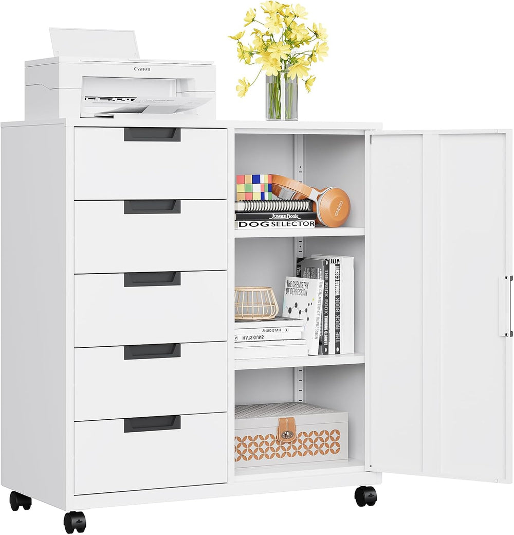 MIIIKO 5 Drawer Storage Cabinet with Door and Shelf, Mobile Lateral Cabinet o...