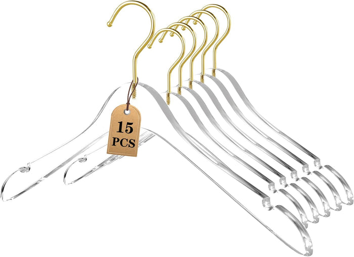 Besser 15 Pack Acrylic Hangers with Gold,Acrylic Clear Hanger,Premium Crystal Dress Hangers Swivel Gold Hook Luxurious Shiny Clothes Hangers(Clear-Style B)
