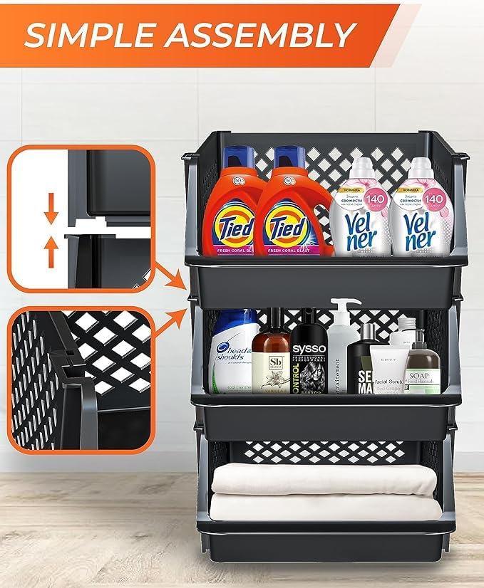 Large Stackable Storage Bins Open Front for Pantry Storage, 6 Pack - Black