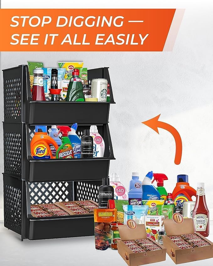 Large Stackable Storage Bins Open Front for Pantry Storage, 6 Pack - Black