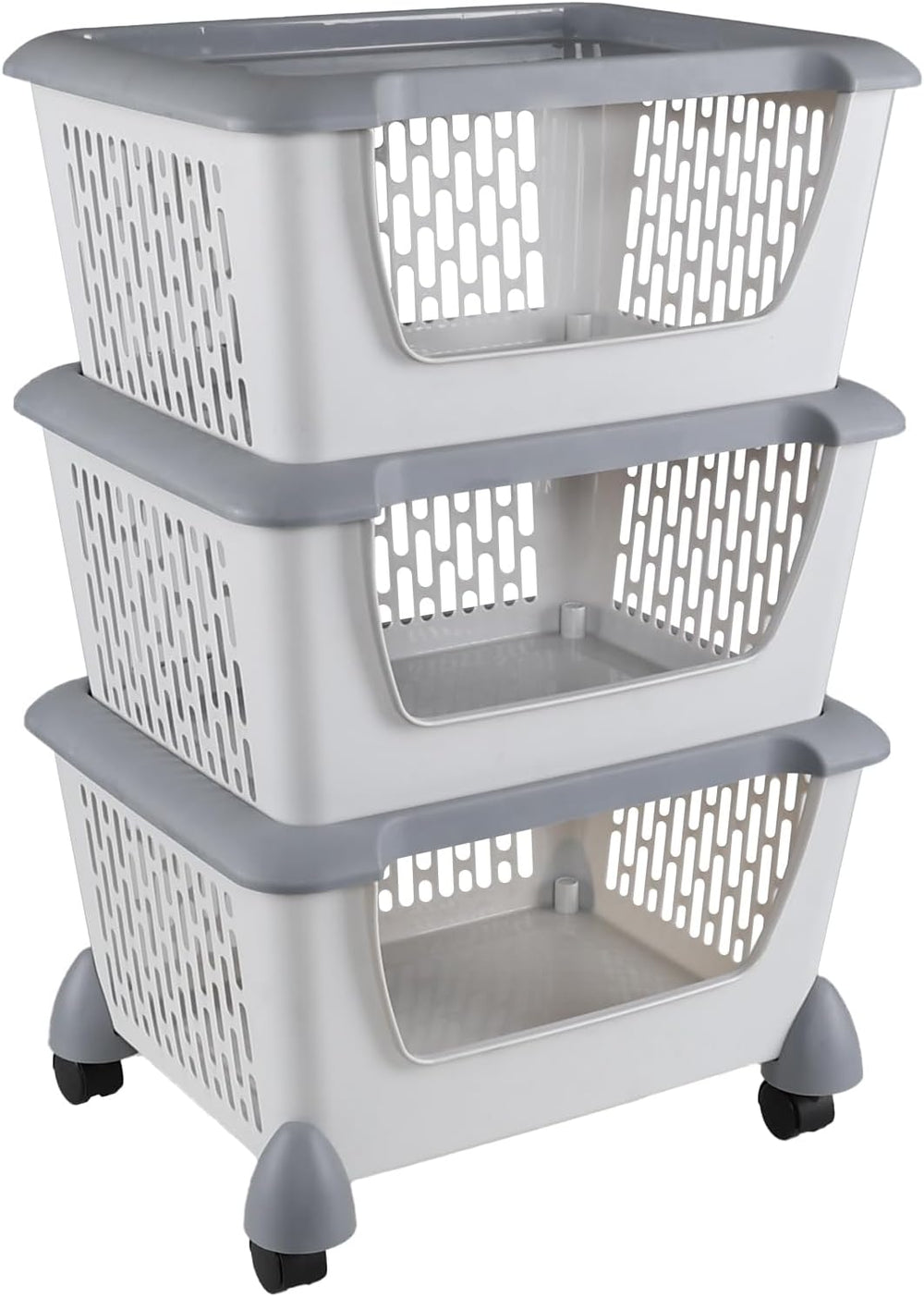 3 Tier Plastic Stackable Storage Baskets with Wheels, Rolling Stackable Baske...