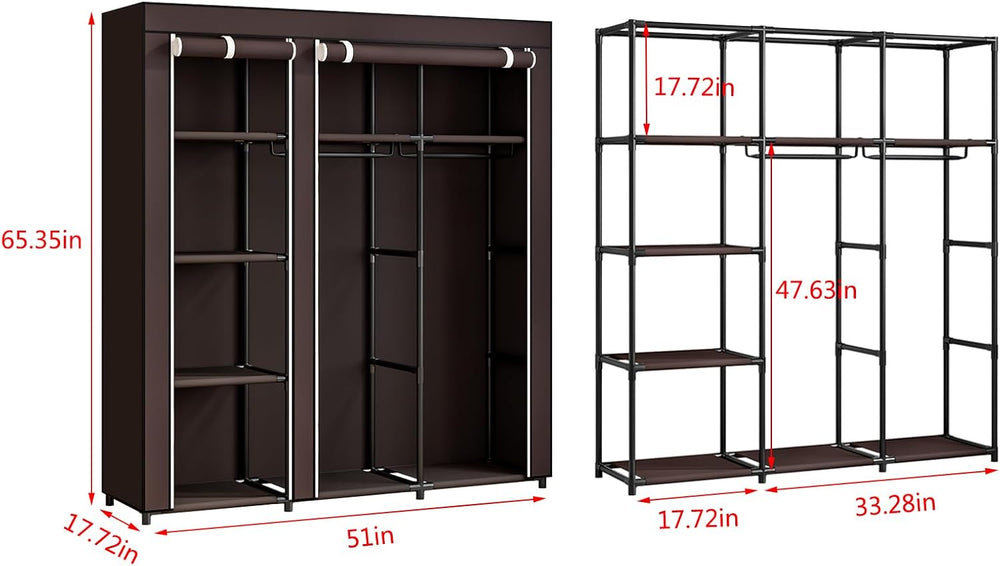 SORCEDAS Portable Closet Wardrobe with Hanging Rods Shelves Clothes Storage