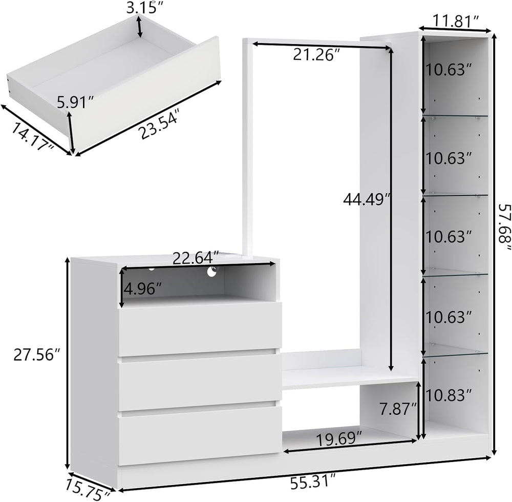 Dresser with Hanging Rack, 3 Drawers Dresser with Charging Station & LED