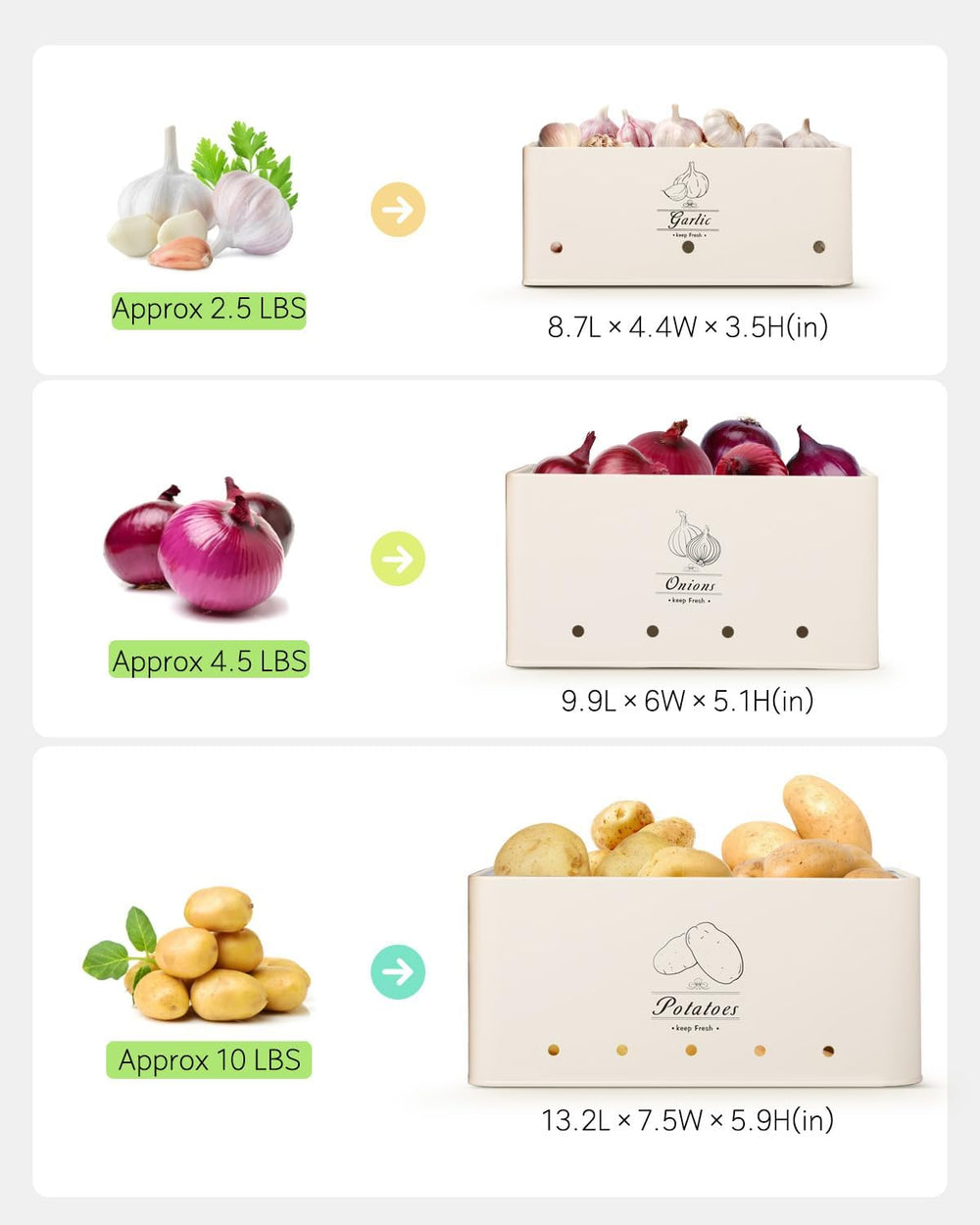 Kitchen Vegetable Storage Tins Set of 3 for Potatoes, Onion, Garlic, Vegetabl...