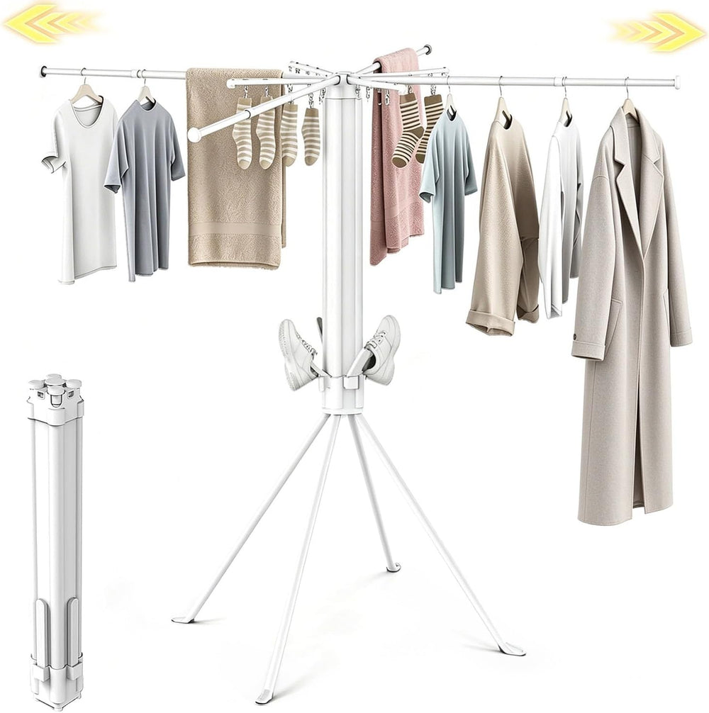 Clothes Drying Rack Foldable, 4-Leg Base, 16 Clips, 4 Shoe Holders
