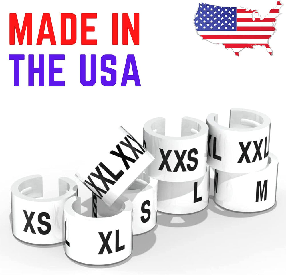 White Garment Hanger Clips, Black Print, 800 Pcs, XXS-XXXL, 100 Each Size