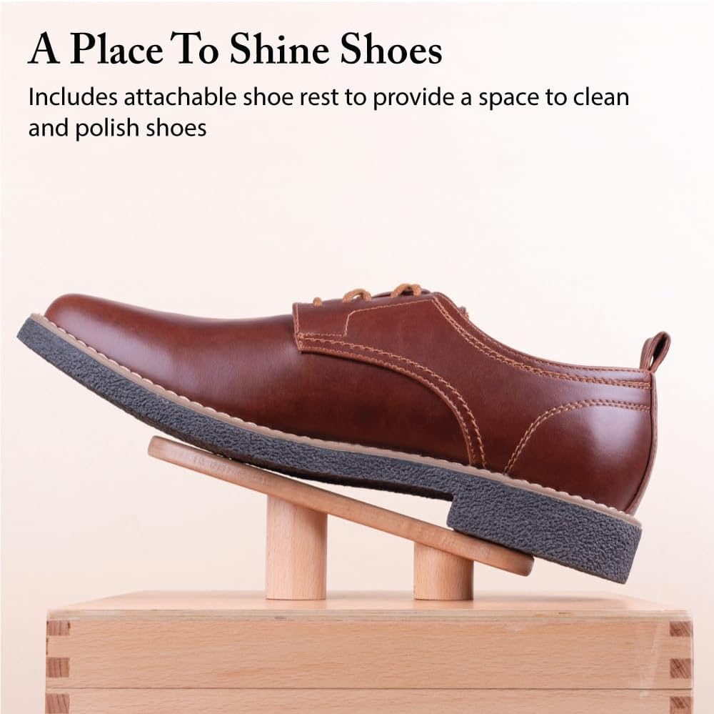 FootFitter Beech Wood Valet Box, Premium Shoe Shine Storage Organizer