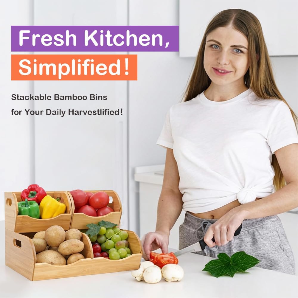 Stackable Bamboo Pantry Organizer - 3-Piece Storage Basket Set for Potato, On...