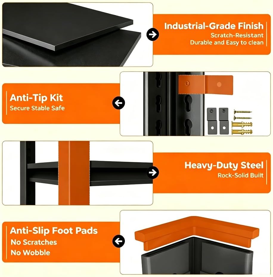 5-Tier Kitchen Storage Shelves, 71.2" H Adjustable Metal Shelving Unit w...