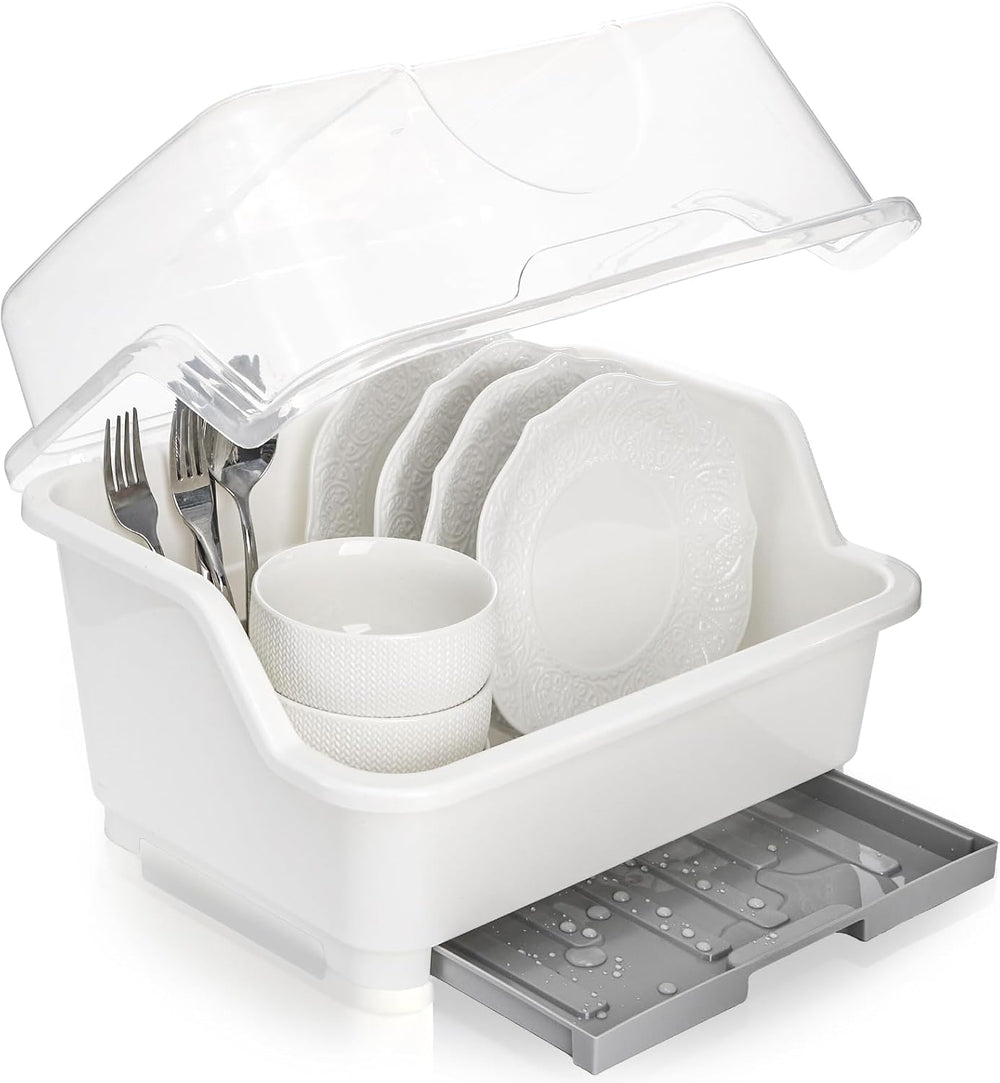 Plastic Dish Drying Rack with Clear Cover Lid, Dust-Proof