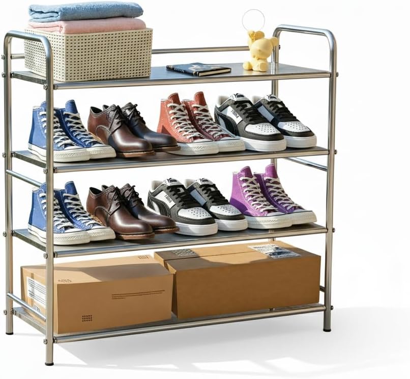 4-Tier Stainless Steel Shoe Rack, Heavy Duty Metal Shoe Organizer for Closet ...