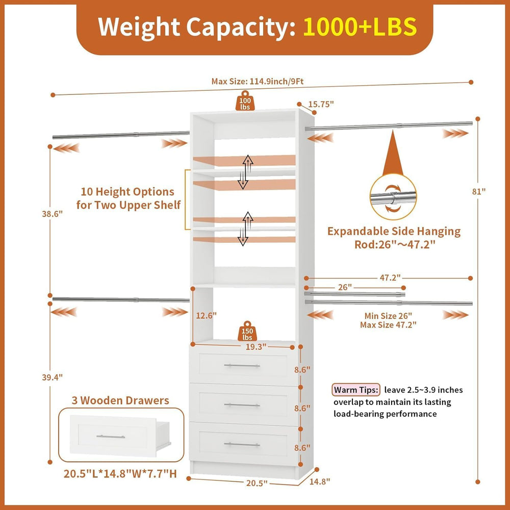 Fastgo Closet System with Drawers, 5-9FT Closet Organizer System with 4 Expan...