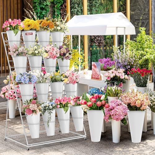 Flower Display Stand with Buckets, 4 Layers 16 PCS Buckets Plant Stand with W...