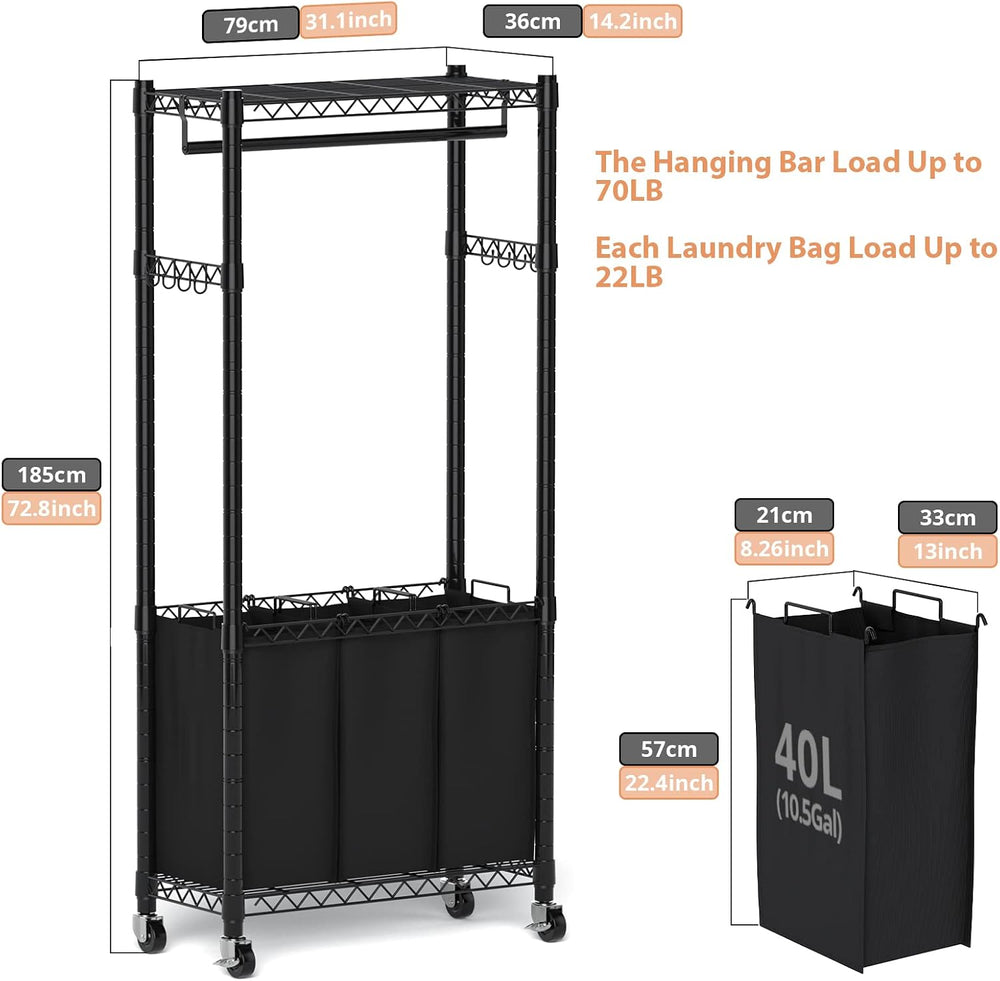 Hodonas Rolling Laundry Basket with Wheels and Hanging Bar, Black