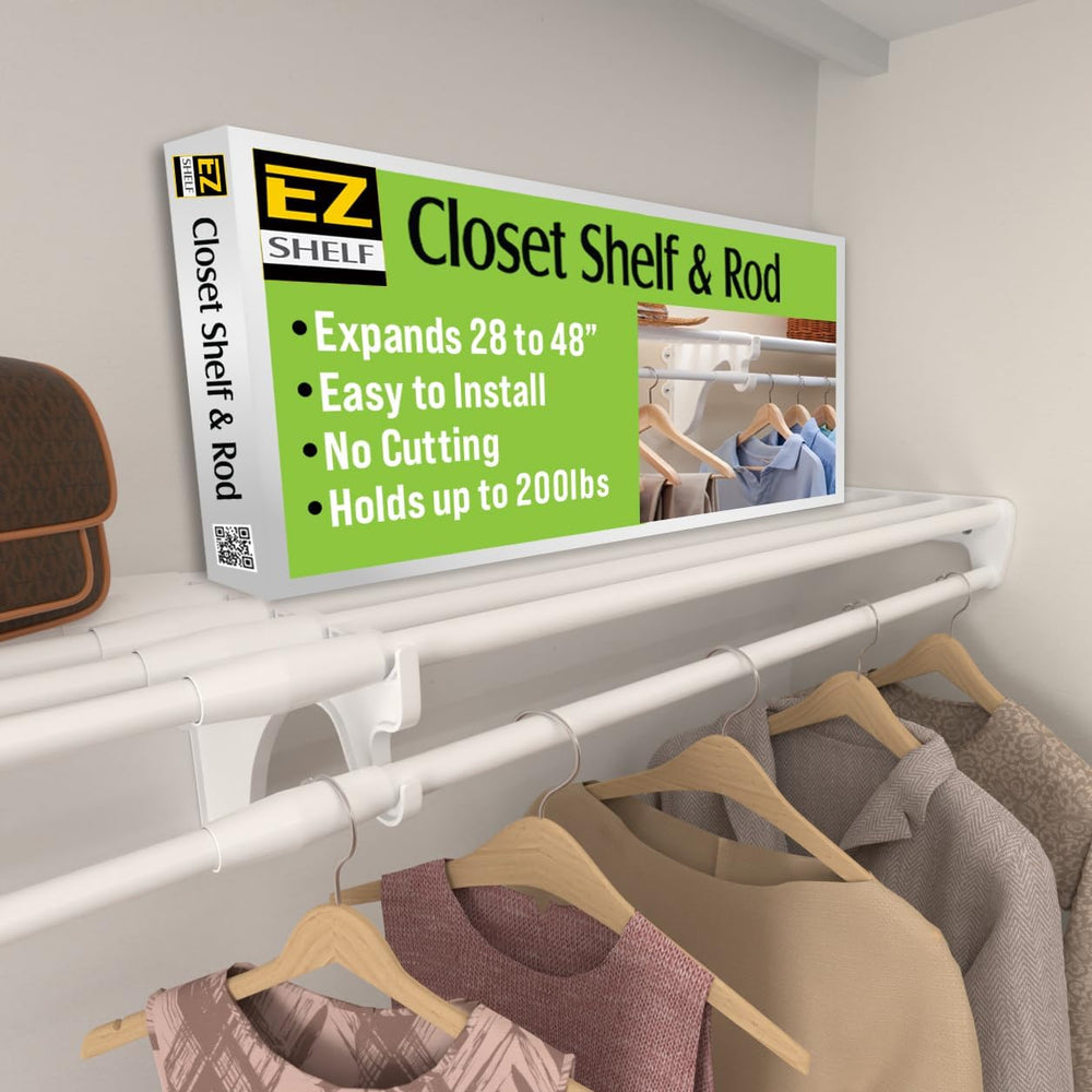 EZ SHELF Closet Shelf with Hanging Rod - 28-48” Expandable, White, Closet She...