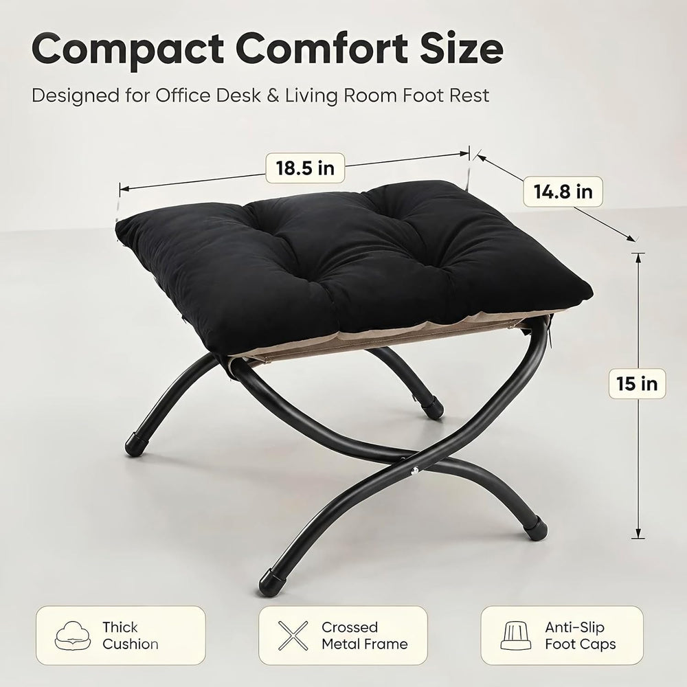 15" Upholstered Folding Foot Rest Stool with Foldable Metal Frame Black