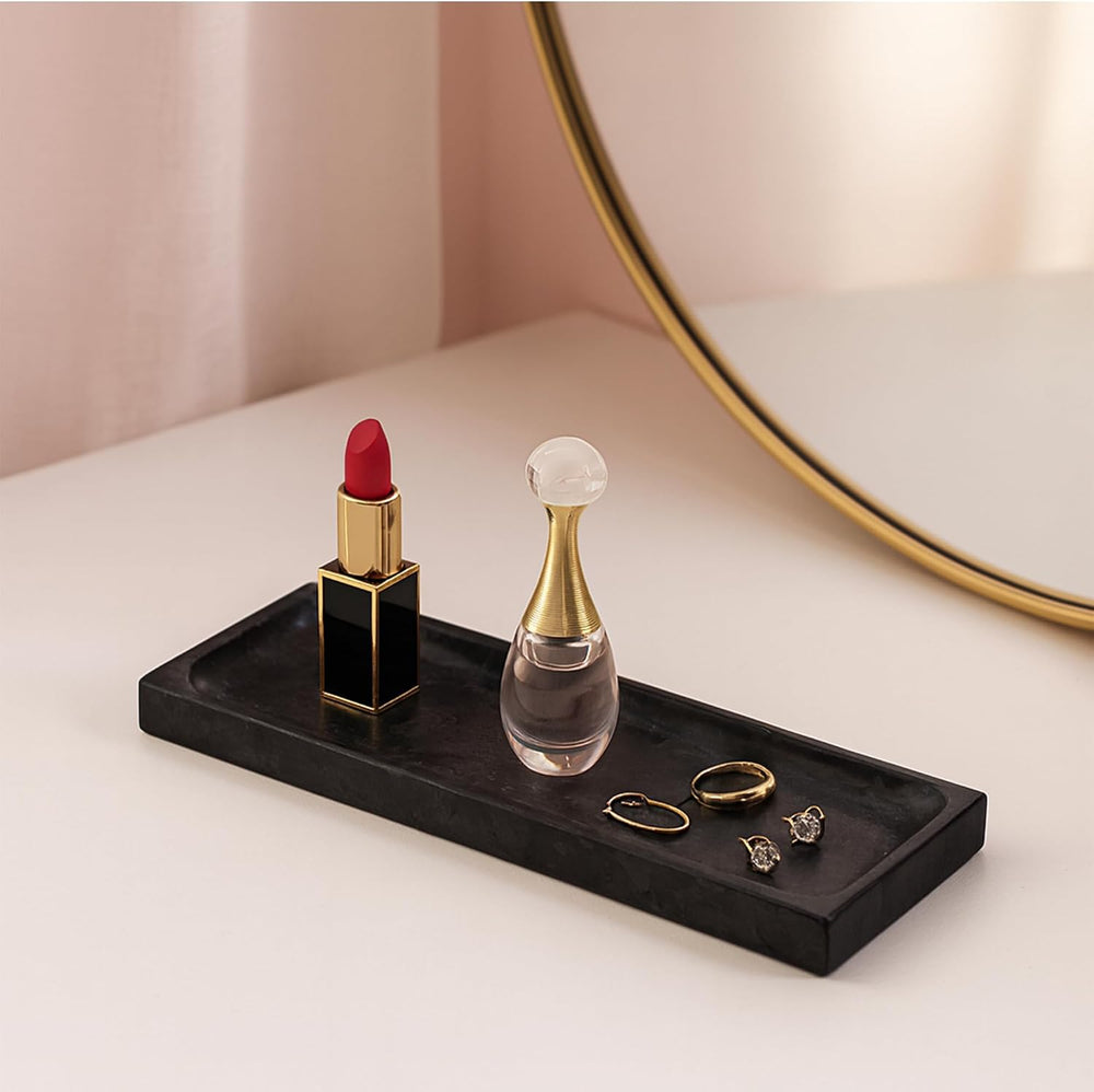 Matte Black Granite Vanity Tray - Natural Stone Rectangular Catchall, 10.6&qu...