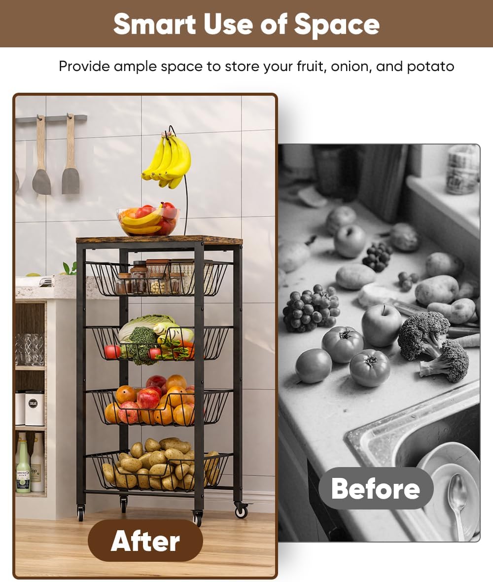 Fruit Vegetable Storage Cart for Kitchen, 5-Tier Vegetable Stand Rack with Pu...