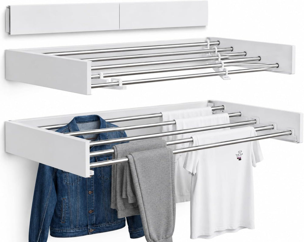 Wall Mounted Clothes Drying Rack, Foldable Retractable Laundry Rack with 5 Ro...