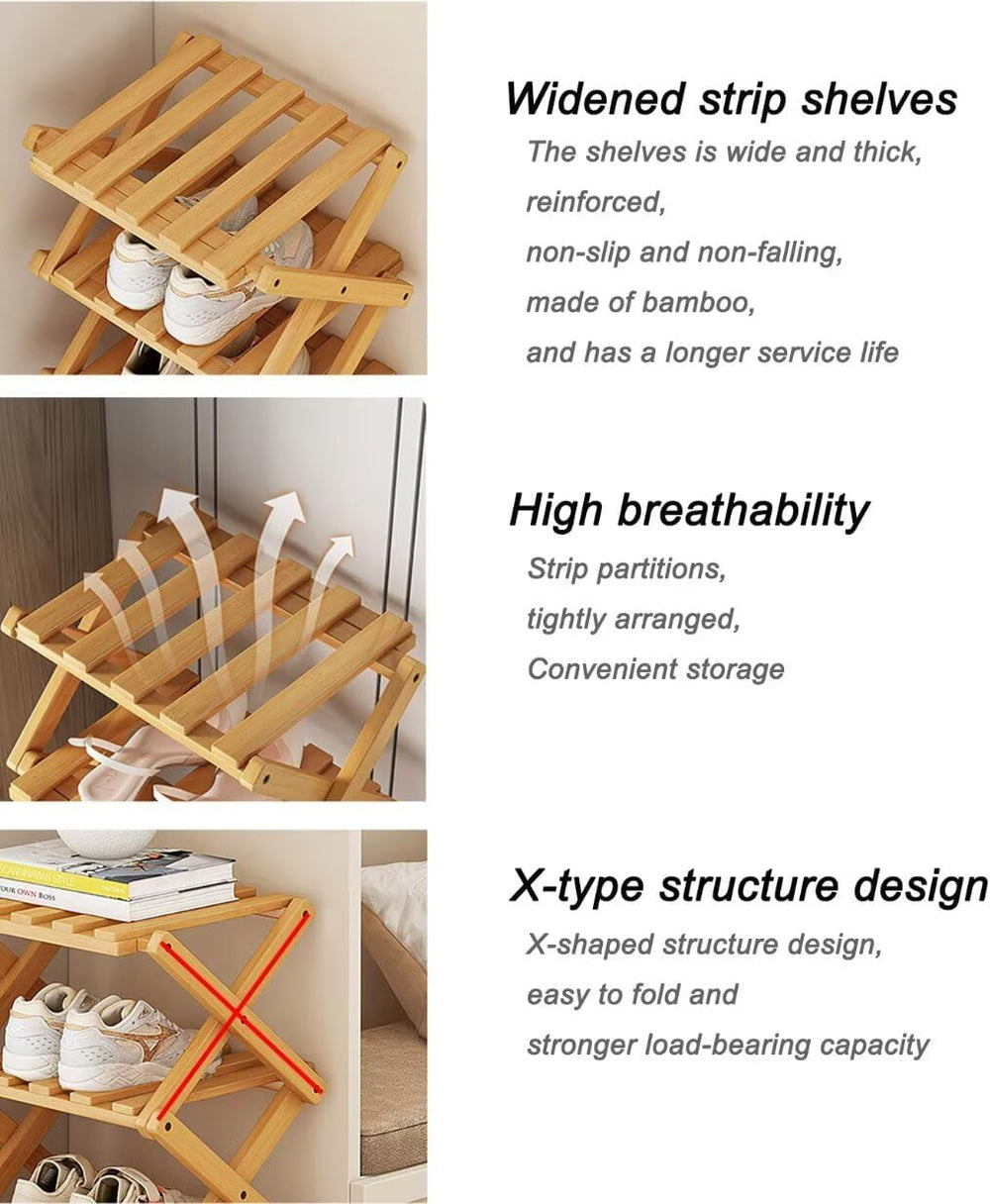 Vertical Shoe Rack Folding 5 Tier, Narrow Shoe Storage Rack, Bamboo Shoe Shel...