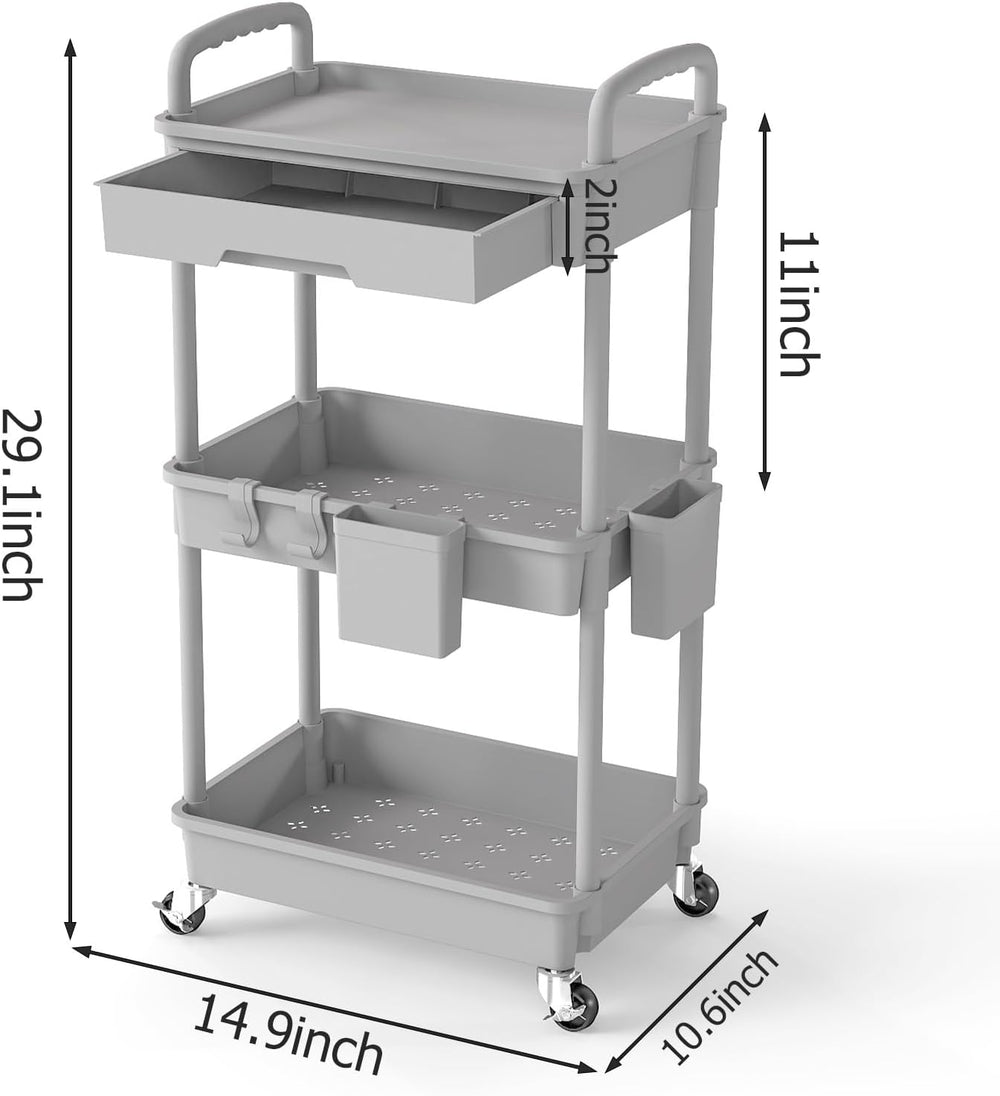 3 Tier Rolling Utility Cart with Drawer, Plastic Storage Organizer Rolling Ca...