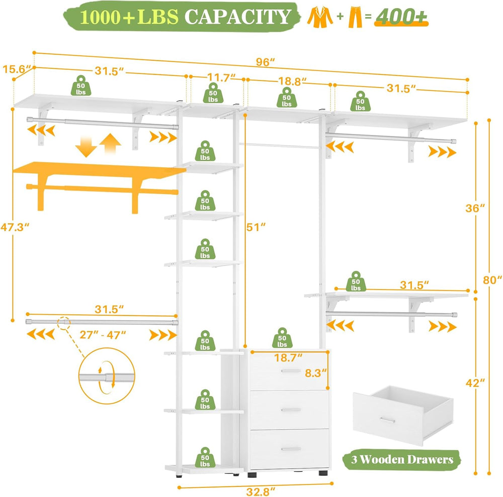 Aheaplus Closet System with Drawers, Closet Organizer System Storage with She...