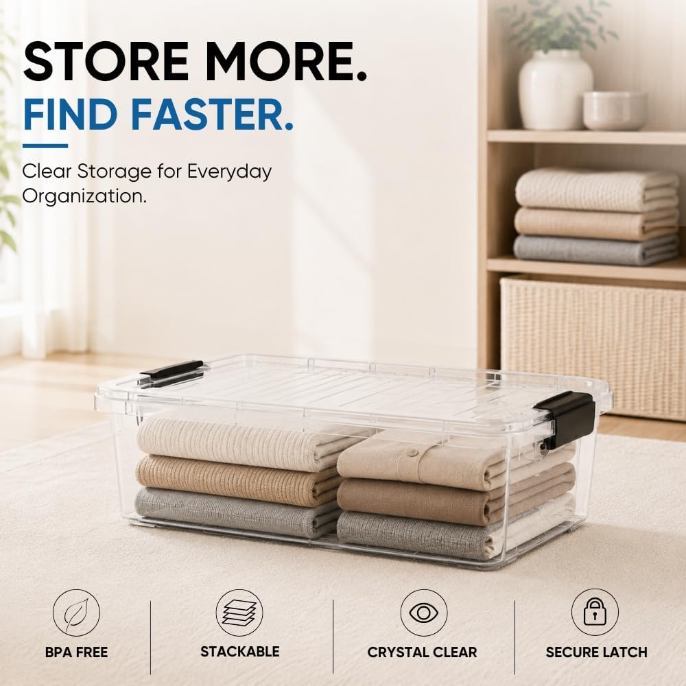 Superio 13.7 Quart Clear Plastic Storage Bin with Lid, Stackable Organizer Bo...
