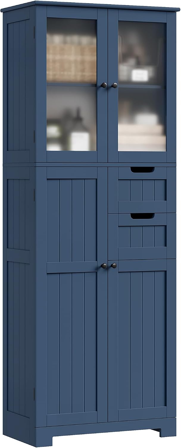 67'' Tall Bathroom Storage Cabinet, Linen Cabinet with Glass Doors an...