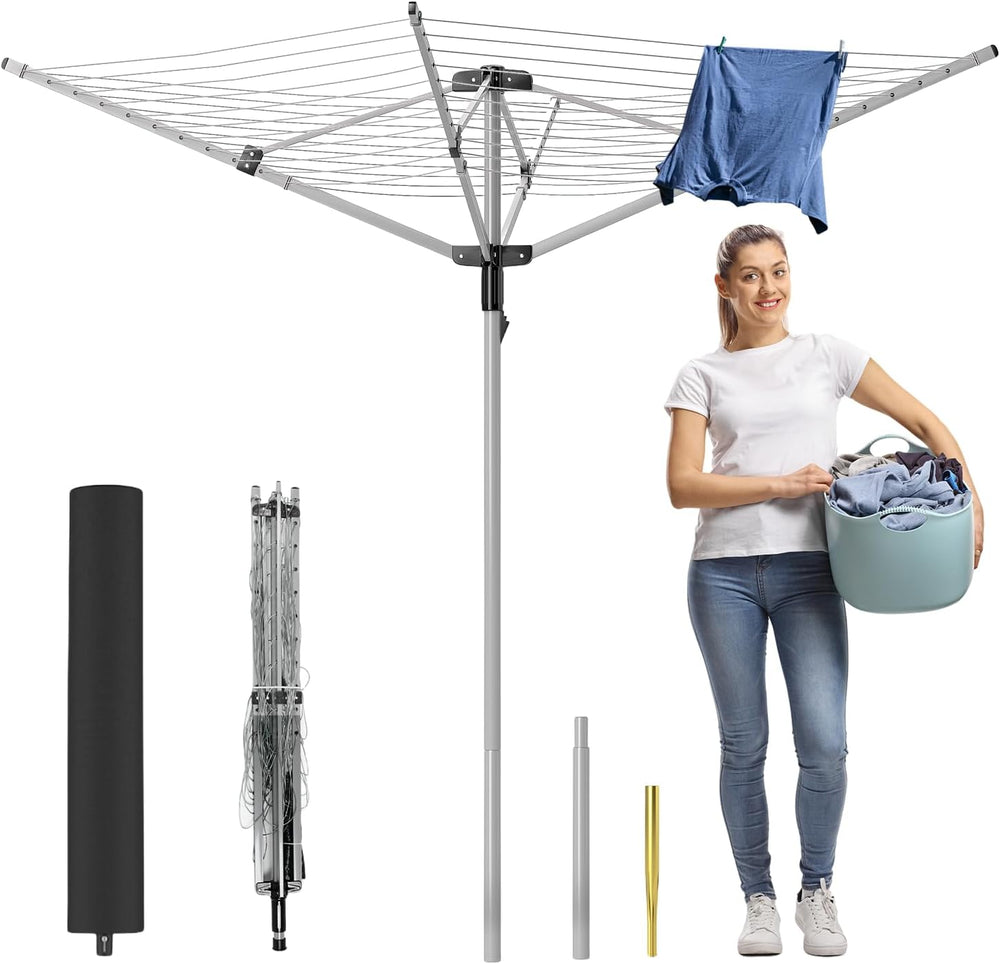 Outdoor Umbrella Drying Rack, 4-Aluminum Arms Folding Rotary Dryer with 12 Li...