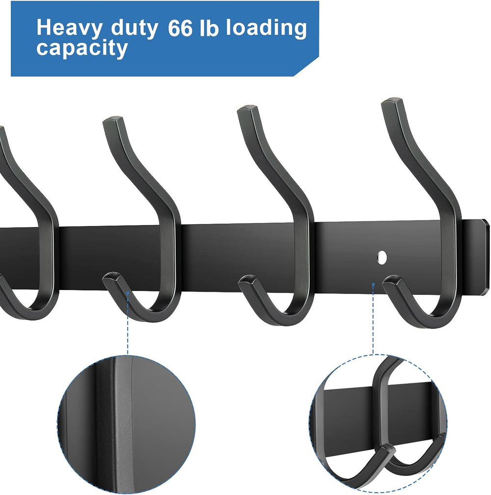 23 Inch Coat Rack Wall Mount with 8 Hooks, Black Wall Hooks, 2 Pack