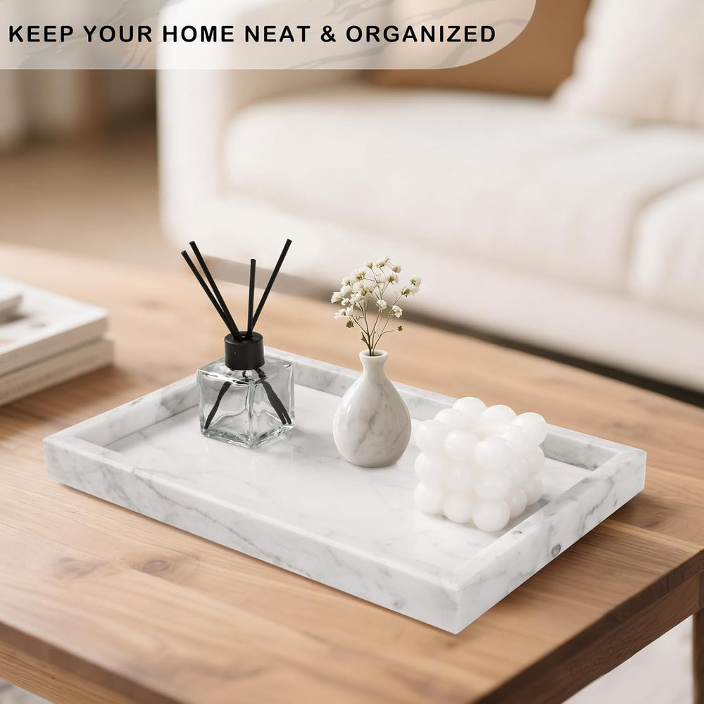 Marble Bathroom Tray for Countertop & Home Decor, Natural Decorative Marb...