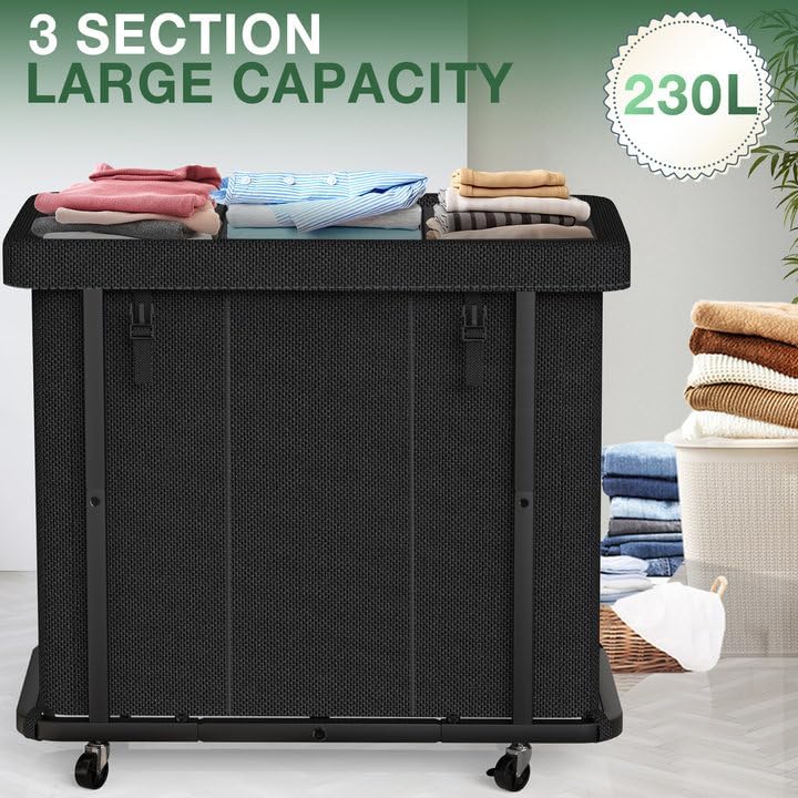 Laundry Basket with Lid,230L Rolling Laundry Hamper with Wheels,Black
