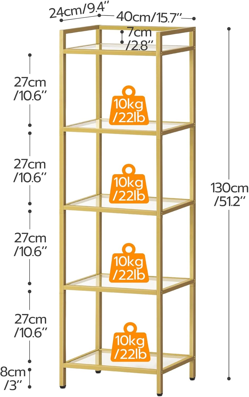 HOOBRO 5-Tier Gold Shelf, Narrow Book Shelf, Display Cabinet with Glass Bookc...