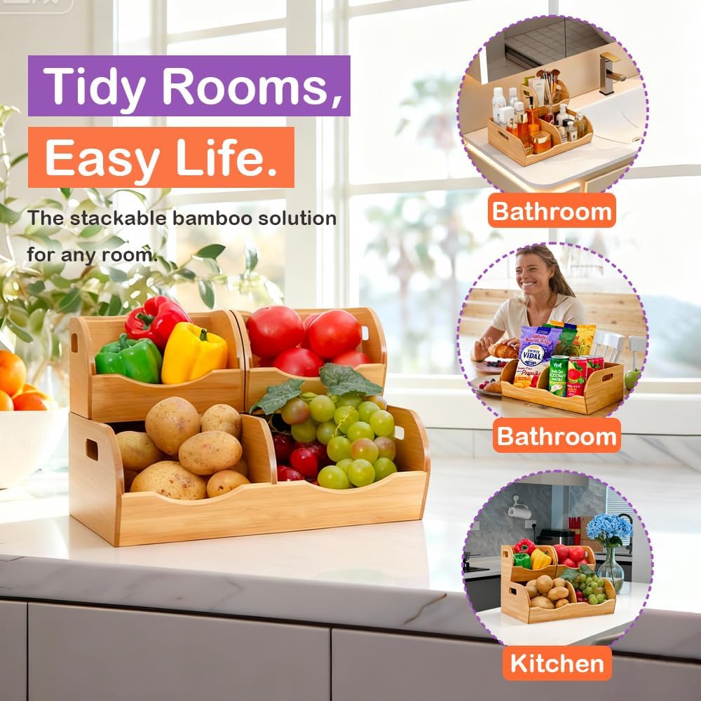 Stackable Bamboo Pantry Organizer - 3-Piece Storage Basket Set for Potato, On...