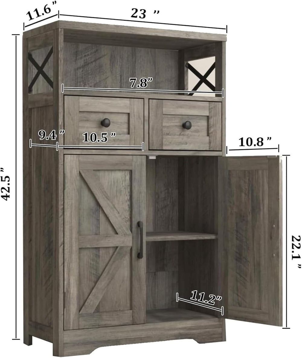 Grey Farmhouse Storage Cabinet with Doors and Drawers, Small Pantry Cabinet