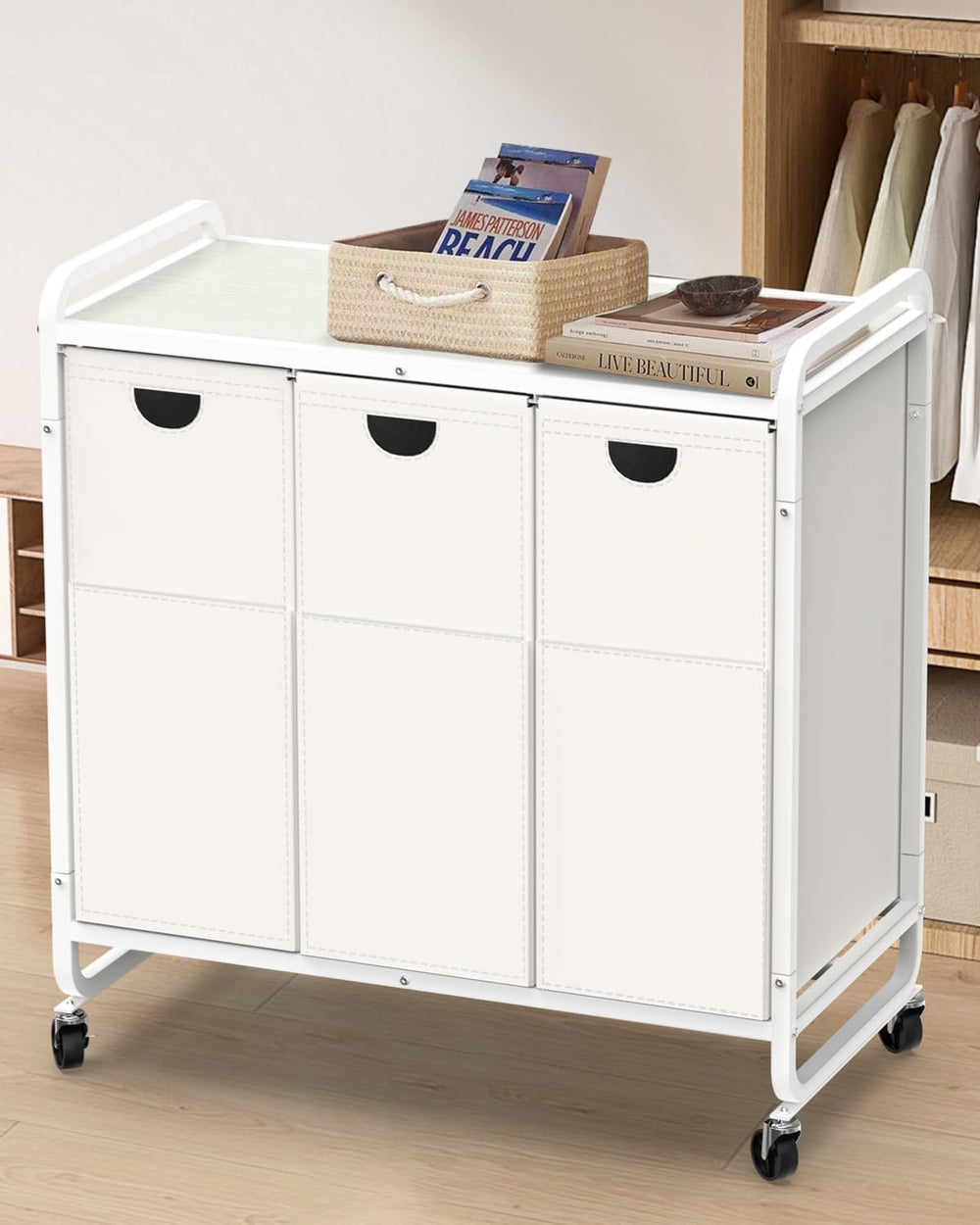 Laundry Hamper 3 Section,Laundry Basket with Wheels,3×15.8 Gal (60L) White