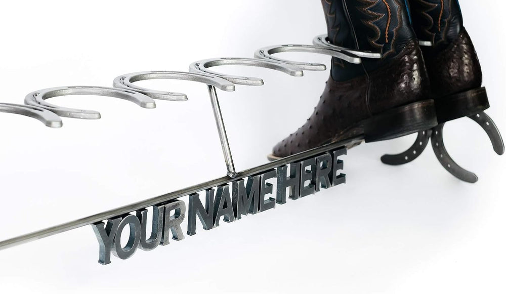 Rustic Custom Name Horseshoe Boot Rack - The Heritage Forge