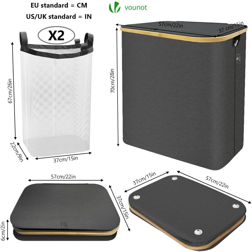 VOUNOT Foldable Laundry Basket 145L with Lid Handles, Collapsible Linen Baske...