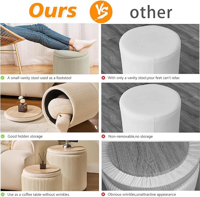 Round Set of 2 Ottoman with Storage-Upholstered Velvet Vanity Stool